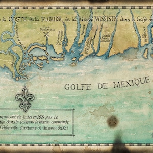 Carte du golfe du Mexique, c1699 11 x 17+, golfe du Mexique, côte du Mississippi, cartes de la Floride, Mobile Bay, fleuve Mississippi, côte de la Louisiane