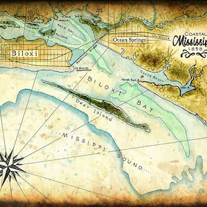 Côte du Mississippi 1858 ; Art de la carte de la côte du Mississippi ; Oeuvre d'art dessinée à la main ; Biloxi ; Ocean Springs ; l'île aux cerfs ; Mississippi ; Cartes nautiques ; Carte