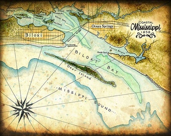 Coastal Mississippi 1858; Mississippi Coast Map Art; Hand Drawn Artwork; Biloxi; Ocean Springs; Deer Island; Mississippi; Nautical Maps; Map