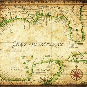 Arte de mapa antigo do Golfo do México 14" x 19+" - Mapa do Golfo do México - Arte desenhada à mão - Nova Orleans - França - Costa do Texas - Flórida - Mapas antigos