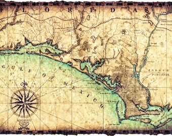 Florida's Emerald Coast Map Artwork c.1865, Hand Drawn Map 11 x 16 + - Civil War Map, Choctawhatchee Bay, Panama City , Florida Maps, Destin