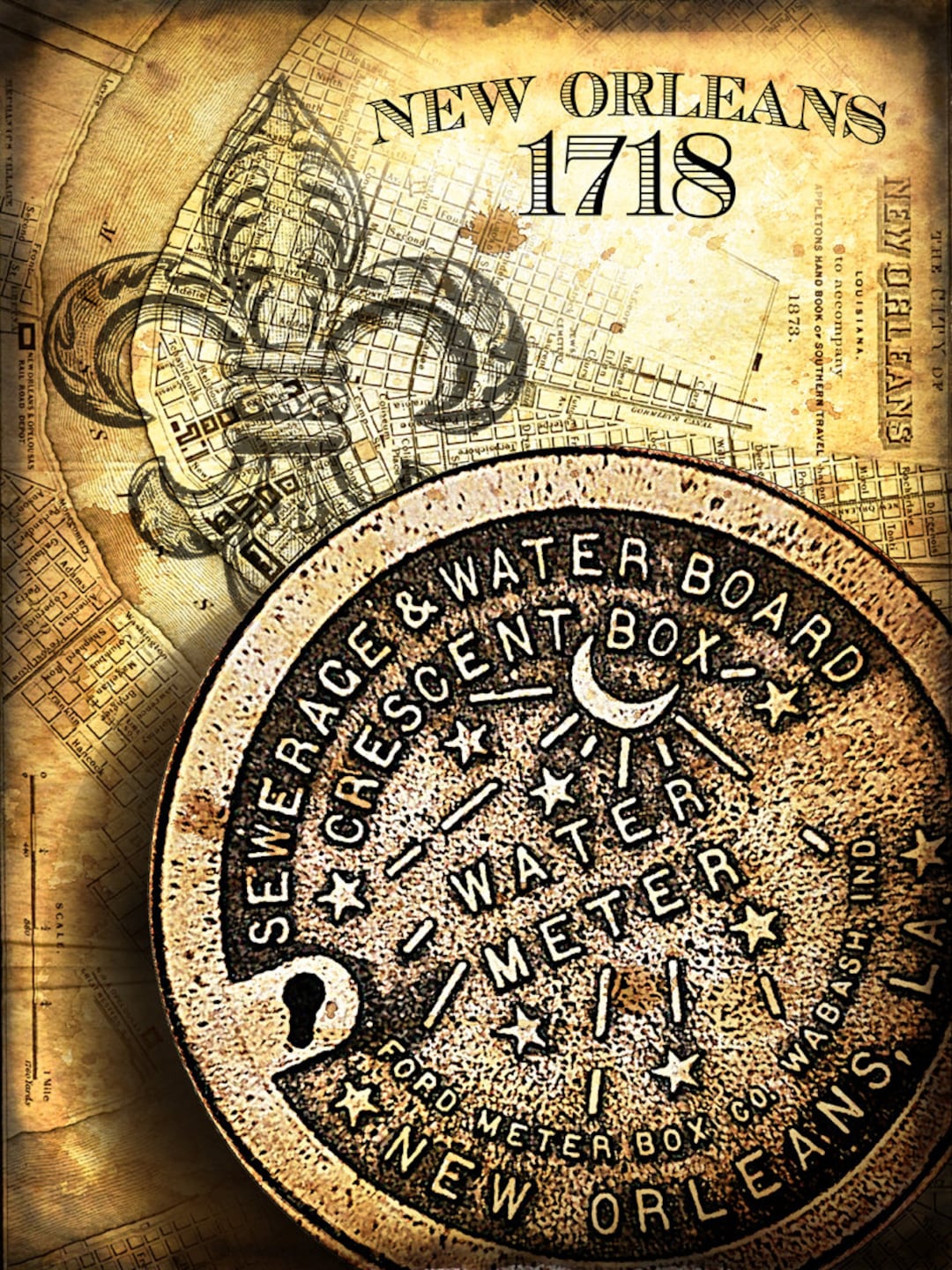 New Orleans Map Art - New Orleans Water Meter Cover Composition - NOLA ...
