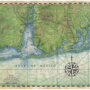 Gulf Coast Art Print 14" x 18", Pensacola Bay, Mobile Bay, Pensacola, Mobile, Florida Maps, Civil War Map, Mississippi Sound, Gulf Of Mexico