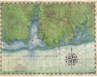 Gulf Coast Art Print 14" x 18", Pensacola Bay, Mobile Bay, Pensacola, Mobile, Florida Maps, Civil War Map, Mississippi Sound, Gulf Of Mexico