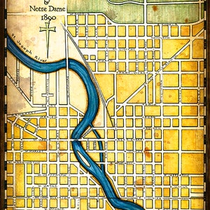 South Bend Indiana Map Art c.1890 - Carte Notre Dame - South Bend - Indiana - Dessin à la main - Fait à la main - St. Josephs River - Irlandais
