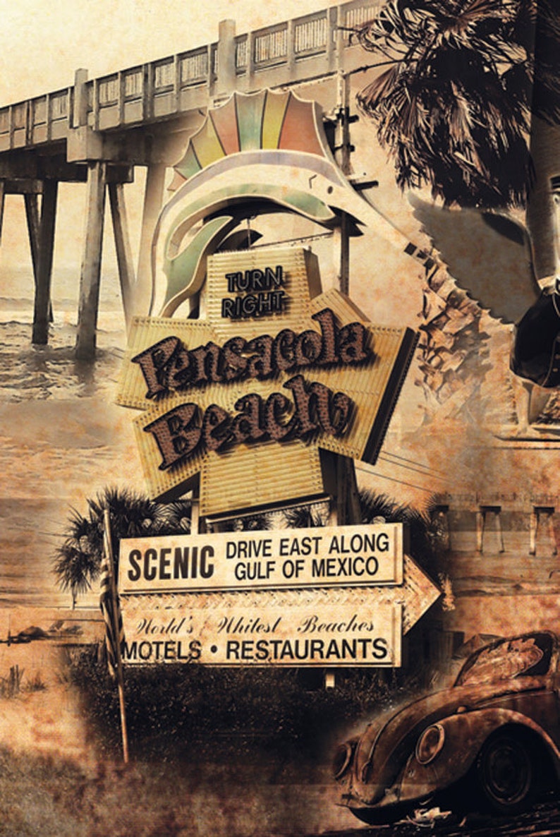 Pensacola Beach Collage Vintage Pensacola Beach Art Print Pensacola Lighthouse Blue Angels Pensacola Sign Pensacola Pier Beach image 3