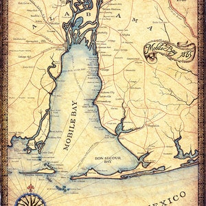 Mobile Bay Map Art, c. 1865 - 14 » x 19 » - Cartes de la guerre civile - Mobile Bay - Cartes dessinées à la main - Cartes anciennes et estampes - Cartes anciennes - Art cartographique - Cartes