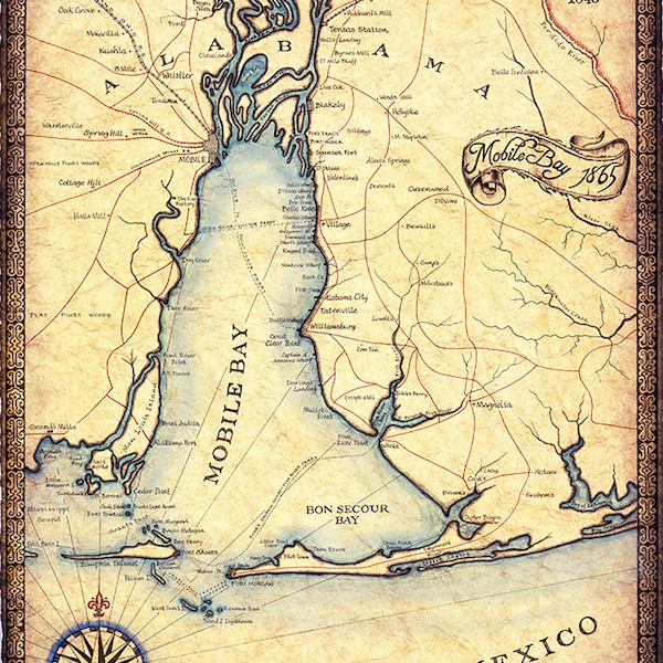 Mobile Bay Map Art, c. 1865 - 14" x 19" - Civil War Maps - Mobile Bay - Hand Drawn Maps - Old Maps and Prints - Old Maps - Map Art - Maps