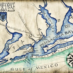 Mapa da Baía de Pensacola c. 1860, Pensacola, Mapas da Flórida, Pensacola Beach, Gulf Breeze, Perdido Bay, Golfo do México, Mapas Antigos, Marinha dos EUA, Flórida