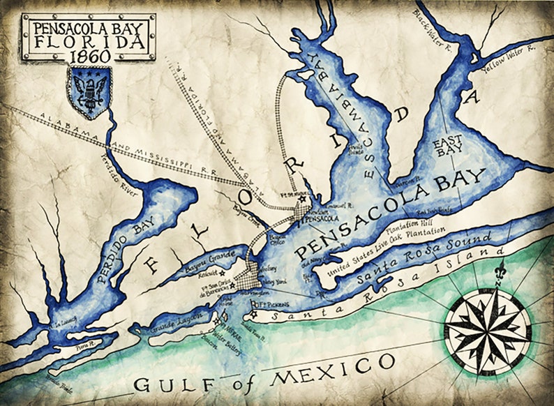 Pensacola Bay Map C. 1860 Pensacola Florida Maps Pensacola Etsy