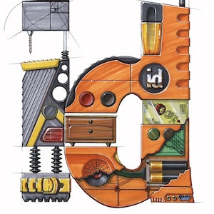 May include: An illustration of the word "Industrial Design" in orange and yellow, with the letter "I" made up of various mechanical parts, including a drill, a drawer, and a battery pack.