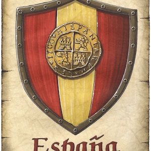 Espana - Spanish Crest Artwork - Spain - Heraldic Shield - Coat of Arms - Gold Doubloon - Spain Flag - Spain Artwork - Spanish Flag