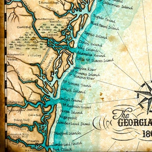 Georgia Coast Map Art ca. 1865, 11 x 14 , Handgezeichnet, Georgia Karte, Jekyll Island, St. Simons Island, Savannah, Braunschweig, Darien, Tybee Bild 3