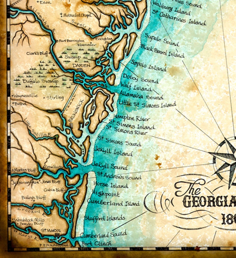 Georgia Coast Map Art ca. 1865, 11 x 14 , Handgezeichnet, Georgia Karte, Jekyll Island, St. Simons Island, Savannah, Braunschweig, Darien, Tybee Bild 3