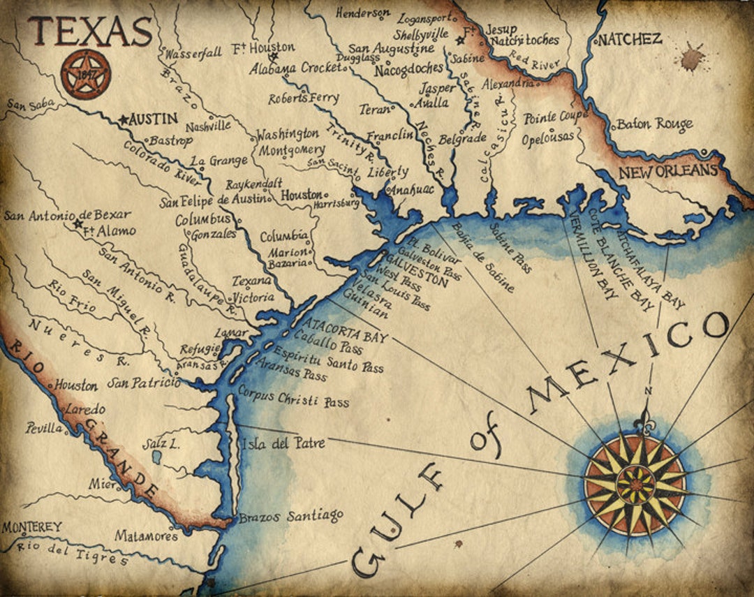 Texas Coast Map Art C.1847 11" X 14" Texas Coast South Padre Island Galveston Houston