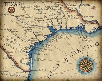 Texas Coast Map Art c.1847  @ 11" x 14" - Texas Coast - South Padre Island - Galveston - Houston - Texas Art - Gulf of Mexico - Old Map Art