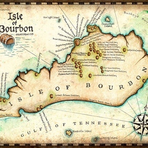 Isle of Bourbon - Handgetekend kunstwerk - Bourbon Trail - Kentucky Bourbon - Kentucky - Bourbon - Bourbon-afdrukken