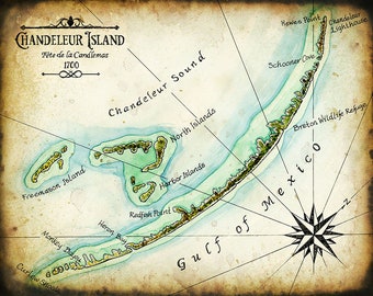 Chandeleur Island Map Art; 11 x 14 +; Louisiana Coast; Mississipi Coast; Barrier Islands; Nautical Artwork; Gulf of Mexico; Freemason Island