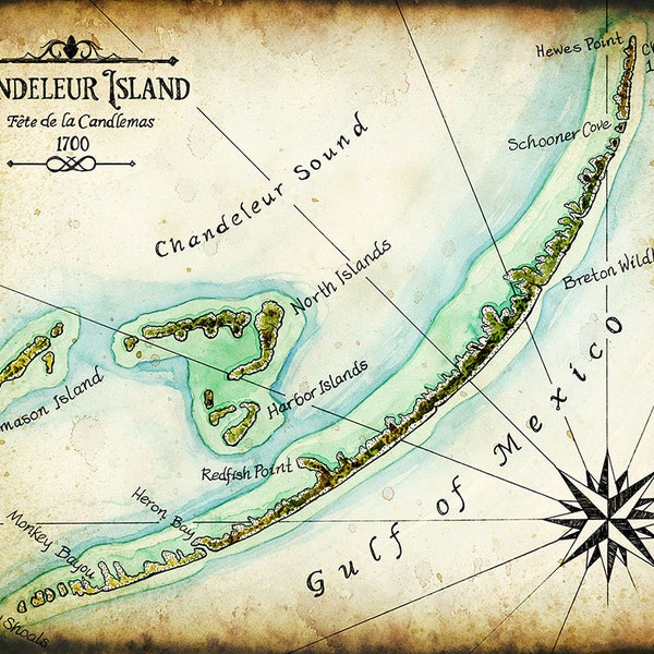 Chandeleur Island Map Art; 11 x 14 +; Louisiana Coast; Mississipi Coast; Barrier Islands; Nautical Artwork; Gulf of Mexico; Freemason Island