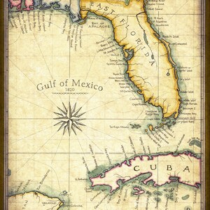 Florida Map Art 1820 - 11" x 14" +, Prints From Hand Drawing - Florida Maps - Miami - Florida Keys - Pensacola - Tampa - Jacksonville - Maps
