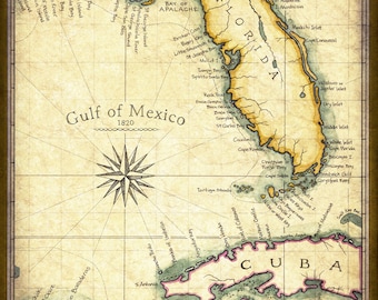 Florida Map Art 1820 - 11" x 14" +, Prints From Hand Drawing - Florida Maps - Miami - Florida Keys - Pensacola - Tampa - Jacksonville - Maps