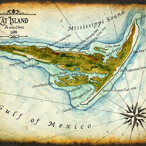 Île Cat - Côte du Mississippi - Biloxi - Ocean Springs - Gulfport - Détroit du Mississippi - Golfe du Mexique - Mississippi - Cartes de la vieille île