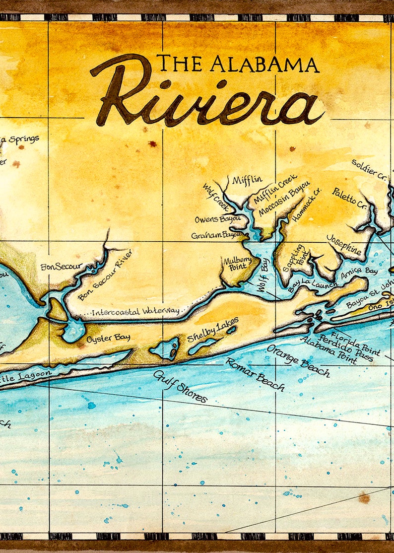 The Alabama Riviera Alabama Coast Map Map Art Hand Drawn Etsy