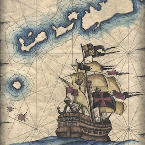 Galeón Español Impresión Barco Pirata Dibujo, Barco Antiguo, Barco del Tesoro, Piratas, Caribe, Mapas y Grabados Antiguos, Veleros, Islas