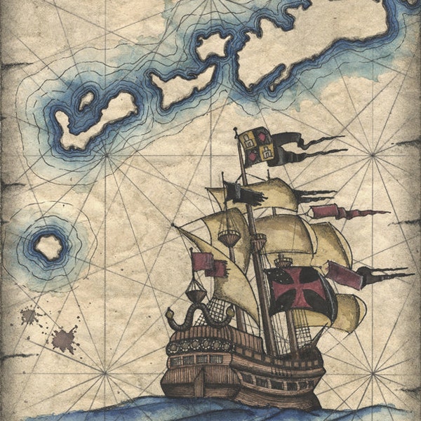 Galleon Art Print Dessin de bateau pirate, navire vintage, navire au trésor, pirates, Caraïbes, cartes et estampes anciennes, voiliers, îles