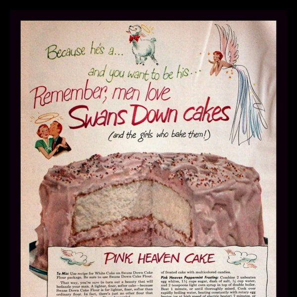 1951 Swans Down Cake Flour Ad with Pink Heaven Cake Recipe - Wall Art - Home Decor - Kitchen - Baking - Retro Vintage Food Advertising