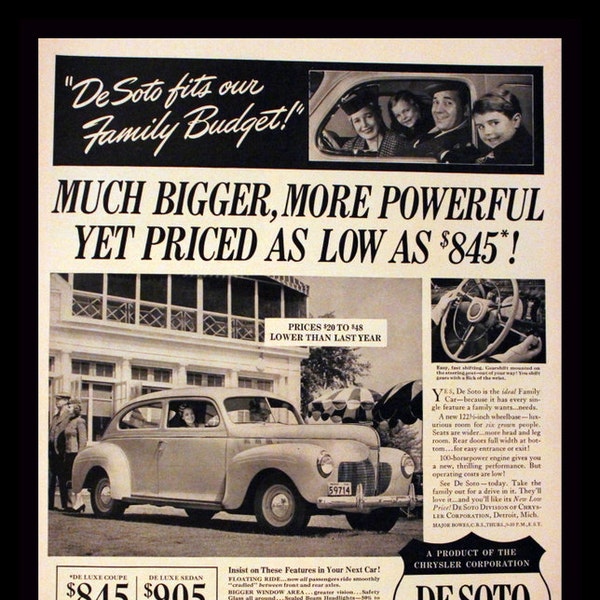 1940 De Soto 2 Door Coupe Ad - Wall Art - Garage - Man Cave - Home Decor - Chrysler - Retro Vintage Car & Auto Advertising