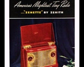 1947 Zenith Zenette Personal Radio Ad - Illustration - Wall Art - Home Decor - Portable - Retro Vintage Electronics Advertising