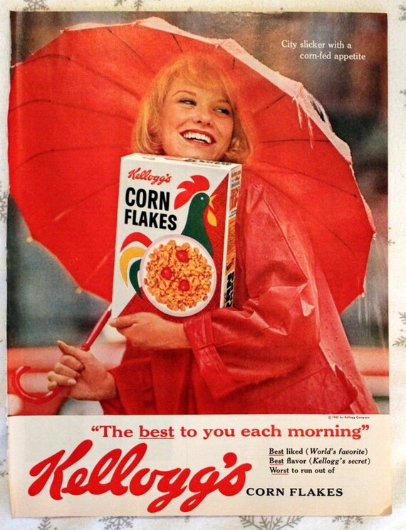 1961 Kelloggs Corn Flakes Ad Retro Vintage Cereal Advertising Kitchen