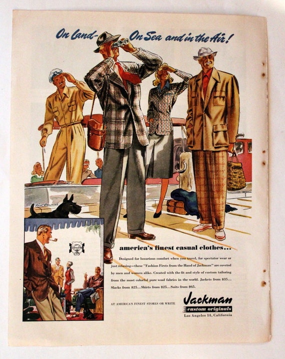 1947 Jackman Custom Originals Mens Clothing Ad with Vacation Clothes , Wall Art , Home Decor , Retro Vintage Fashion Advertising
