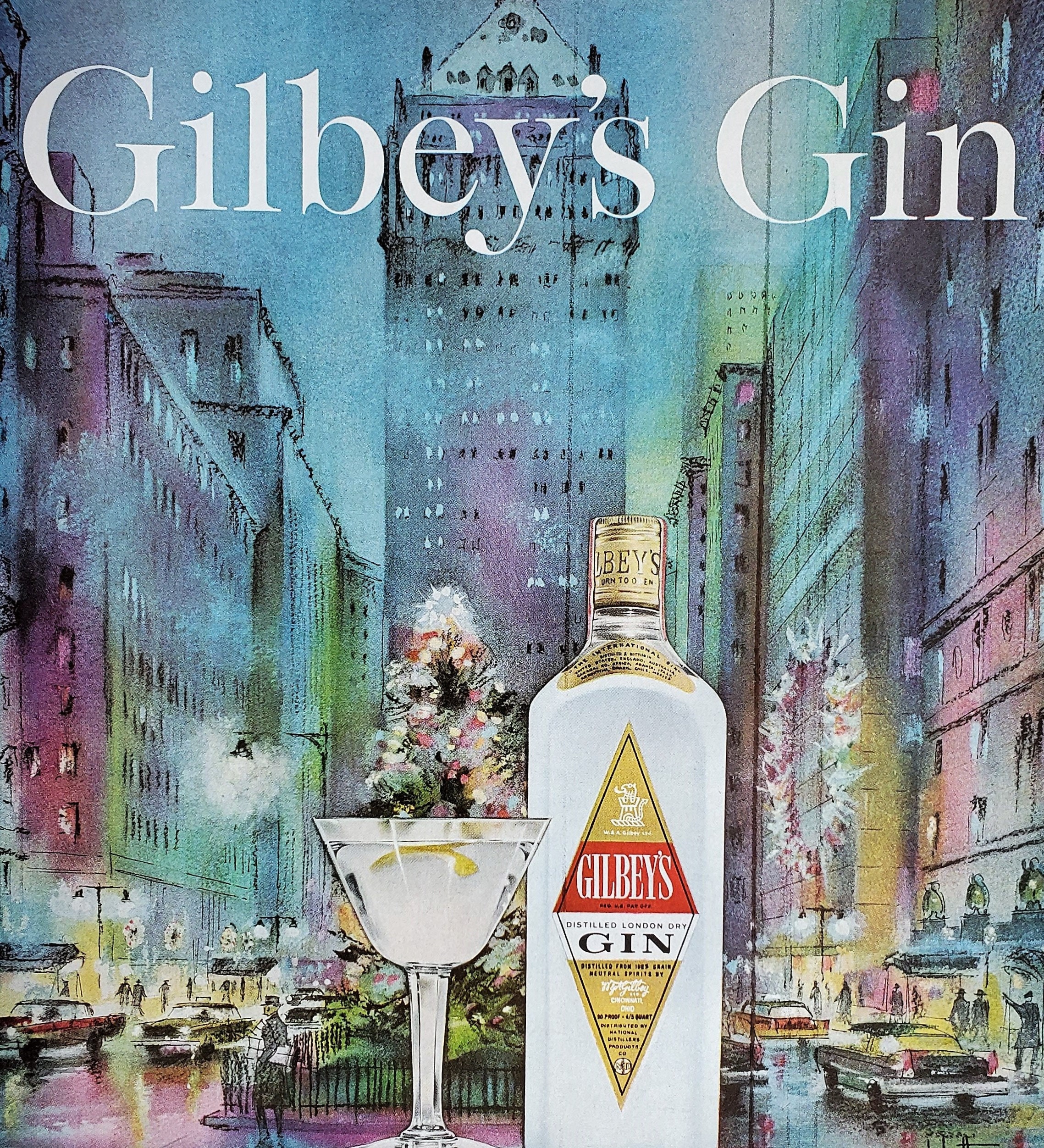 1961 Gilbey's Gin liquor ad retro poster man cave office wall art 