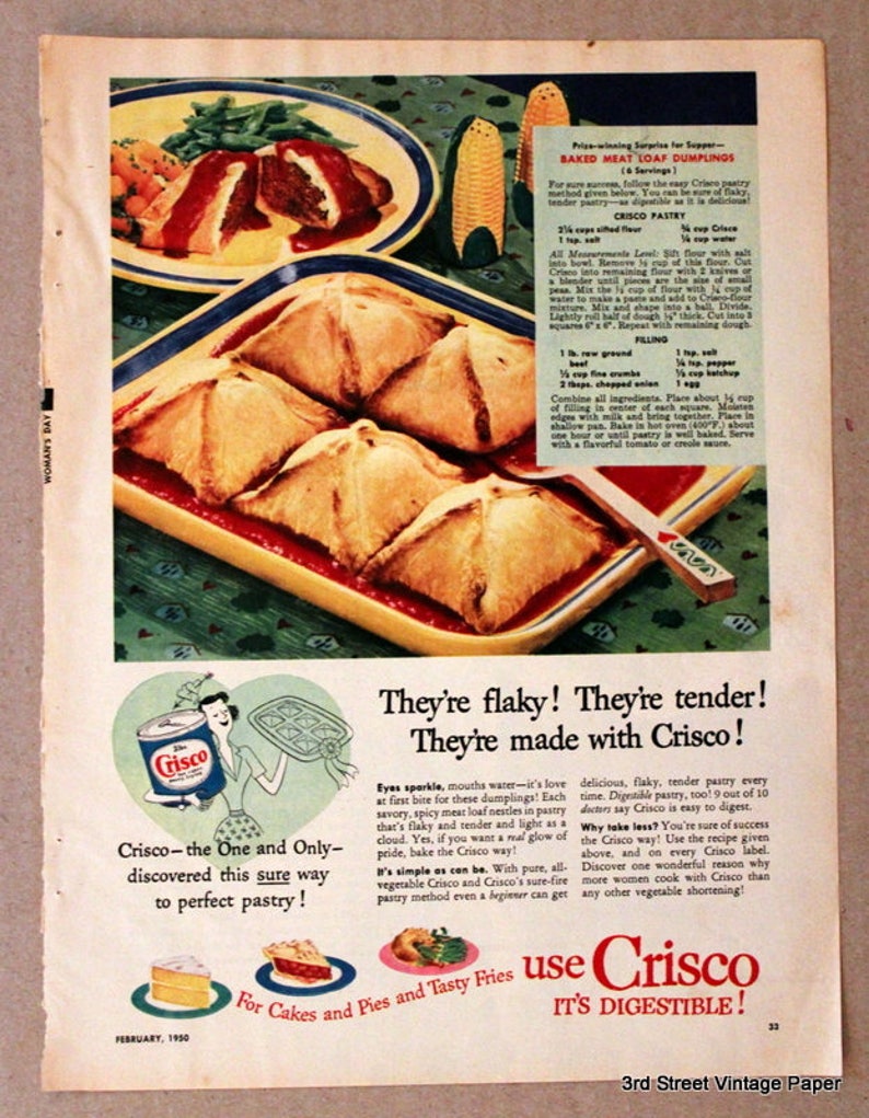 1950 Crisco Shortening Ad With Baked Meat Loaf Dumplings Etsy