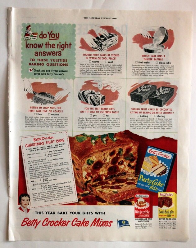 1951 Betty Crocker Christmas Fruit Cake Ad With Recipe Gift Etsy