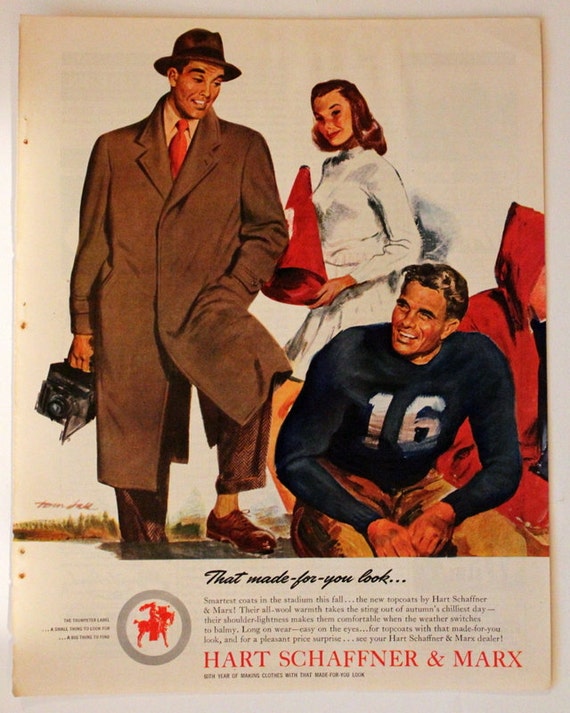 1947 Hart Shaffner and Marx Mens Clothing Ad with College Football Scene , Wall Art , Decor , Topcoat , , Retro Vintage Fashion Advertising