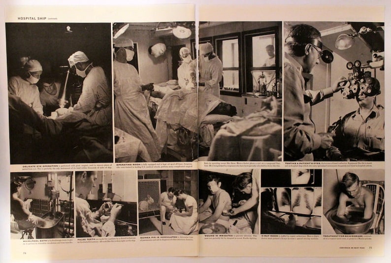 Lots of Photos Wall Art Retro Vintage Reading 7 Pages 1943 WWII Era Article on Navy Hospital Ships History Home Decor
