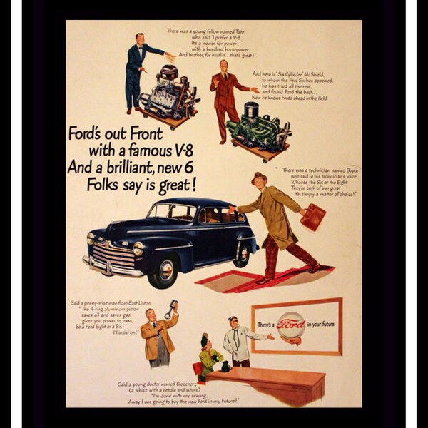1947 Ford Ad with Blue 4 Door V8 Sedan - Cartoon Illustrations - Wall Art - Home Decor - Garage - Retro Vintage Car & Auto Advertising