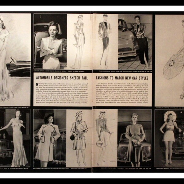 1940 Spread on Fashion and Cars Ad - Wall Art - Automobile Designers Sketch Fashions to Match Cars - Retro Vintage Car & Fashion Advertising