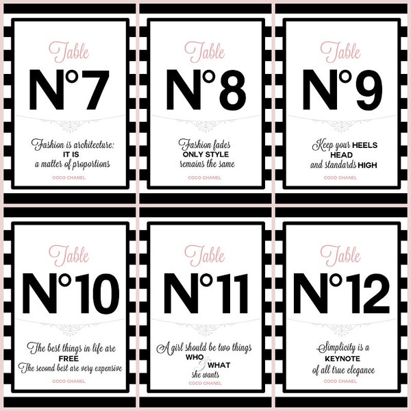 Digital PRINTABLE Table numbers #1-12 with quotes Bridal/Wedding Event/Baby shower/Birthday party/Sweetsixteen 16/Paris France/Black/Pink