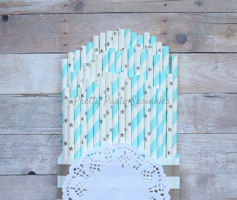 Hollywood Glam Light Blue Moon and Star Birthday Decor Wish Upon A Star Twinkle Twinkle Little Star Baby Shower Silver Foil Star Straws