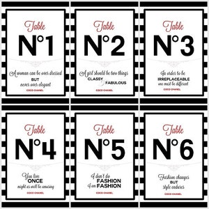 May include: Six black and white table number signs with red text. Each sign has a quote from Coco Chanel. Table numbers 1 through 6 are displayed.