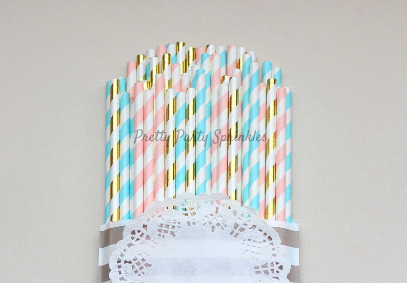Summer Party Light Blue Disney Princess Party,Bubble Gum Baby Shower Gold Foil Striped Straws First Birthday Light Pink Gender Reveal