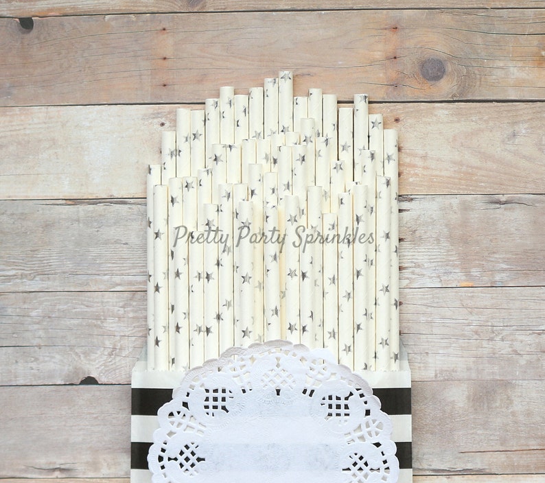 Hollywood Glam Light Blue Moon and Star Birthday Decor Wish Upon A Star Twinkle Twinkle Little Star Baby Shower Silver Foil Star Straws