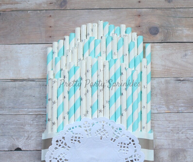 Hollywood Glam Light Blue Moon and Star Birthday Decor Wish Upon A Star Twinkle Twinkle Little Star Baby Shower Silver Foil Star Straws