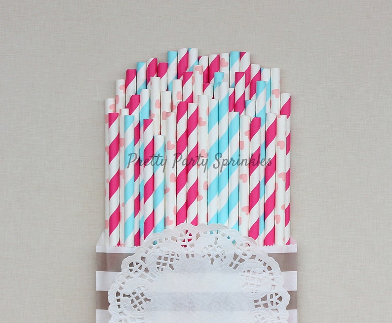 Pink Baby Shower Paper Drinking Straws //Gender Reveal Party Decoration Blue