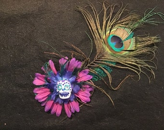 Big Time Peacock-  Day of the Dead Sugar Skull Style Fascinator Headpiece
