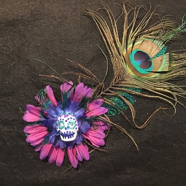 Big Time Peacock-  Day of the Dead Sugar Skull Style Fascinator Headpiece